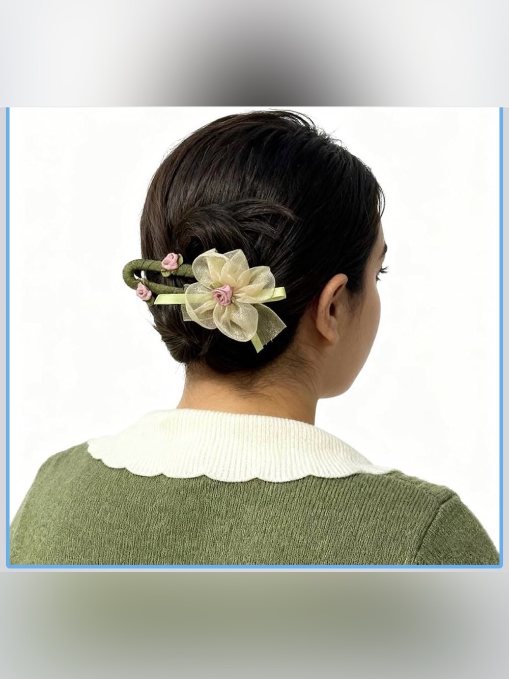 Sheer Floral Ribbon Hair Clip in Light Green and Pink